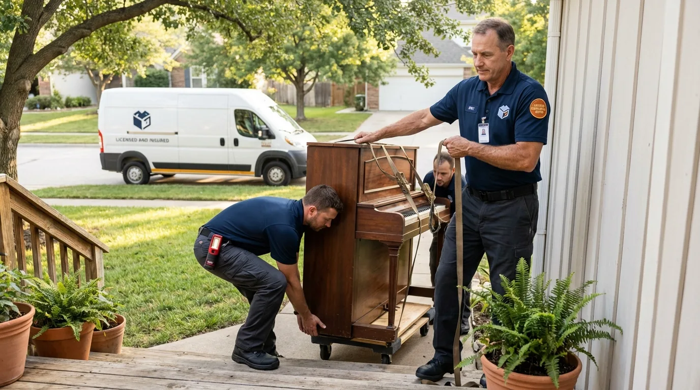 Licensed piano movers securing grand piano in Rogers, MN