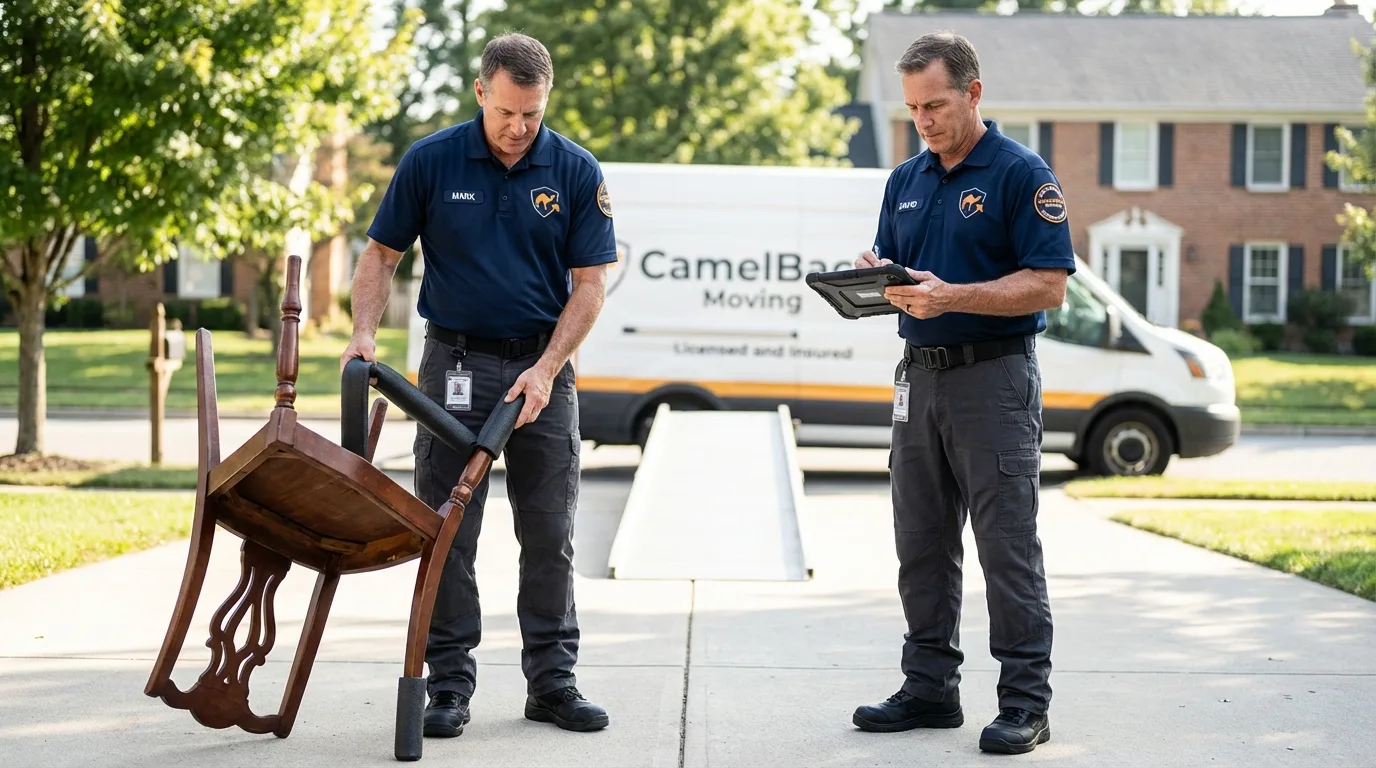 Movers inspecting furniture for damage prevention before loading in Rogers, MN
